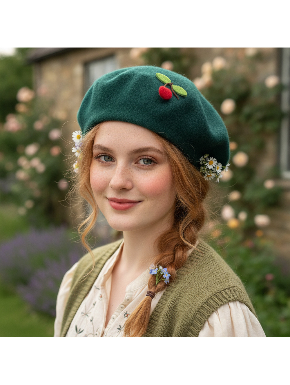 Cute Forest Green Wool Felt Cherry Beret Hat 🍒